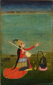 A woman holding a Veena, Mughal, India. 18 century. Free illustration for personal and commercial use.