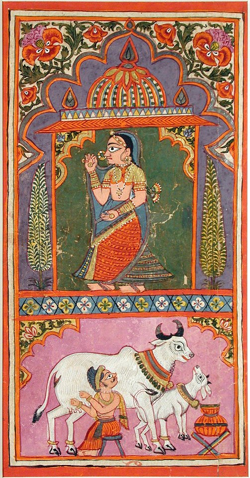 A woman under a pavilion while (below) a herder milks a cow (6125113428)