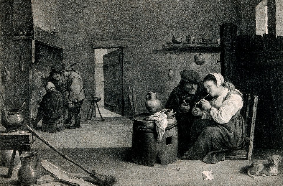A woman sits by a barrel table in a smoke den lighting a pip Wellcome V0019247