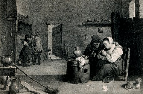 A woman sits by a barrel table in a smoke den lighting a pip Wellcome V0019247