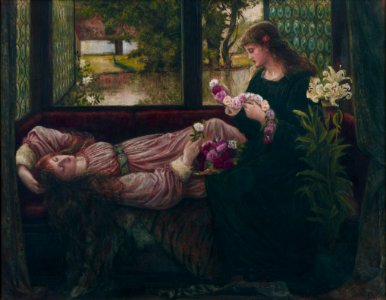 A Wreath of Roses, by Marie Spartali Stillman. Free illustration for personal and commercial use.