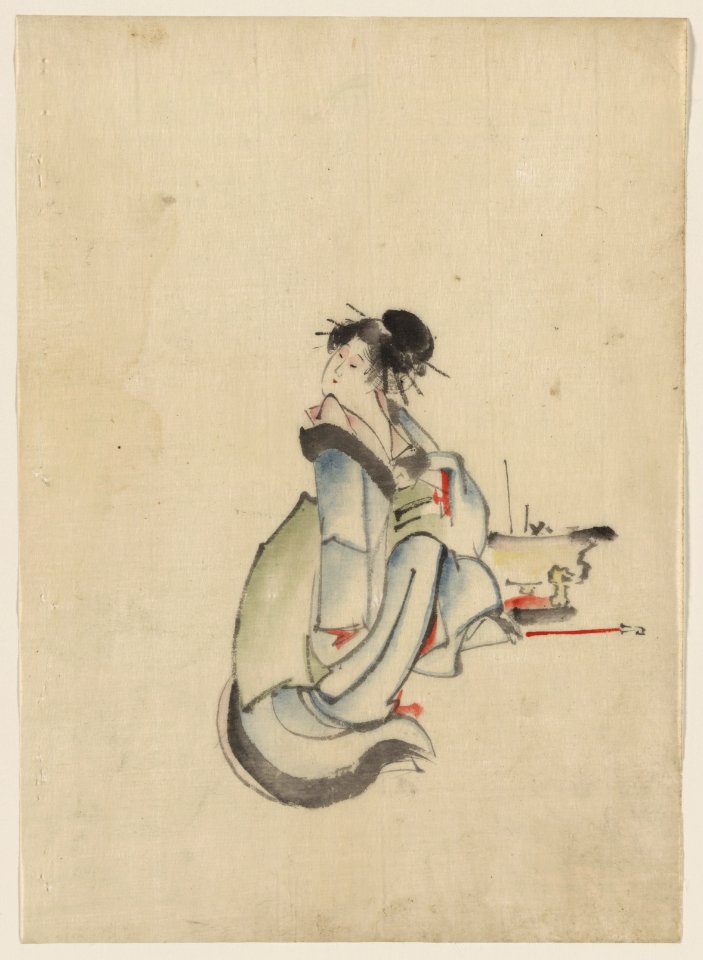 A woman, possibly a courtesan, seated, facing right, with her head turned to look back over her right shoulder, wearing several hairpins LCCN2009631958