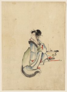 A woman, possibly a courtesan, seated, facing right, with her head turned to look back over her right shoulder, wearing several hairpins LCCN2009631958
