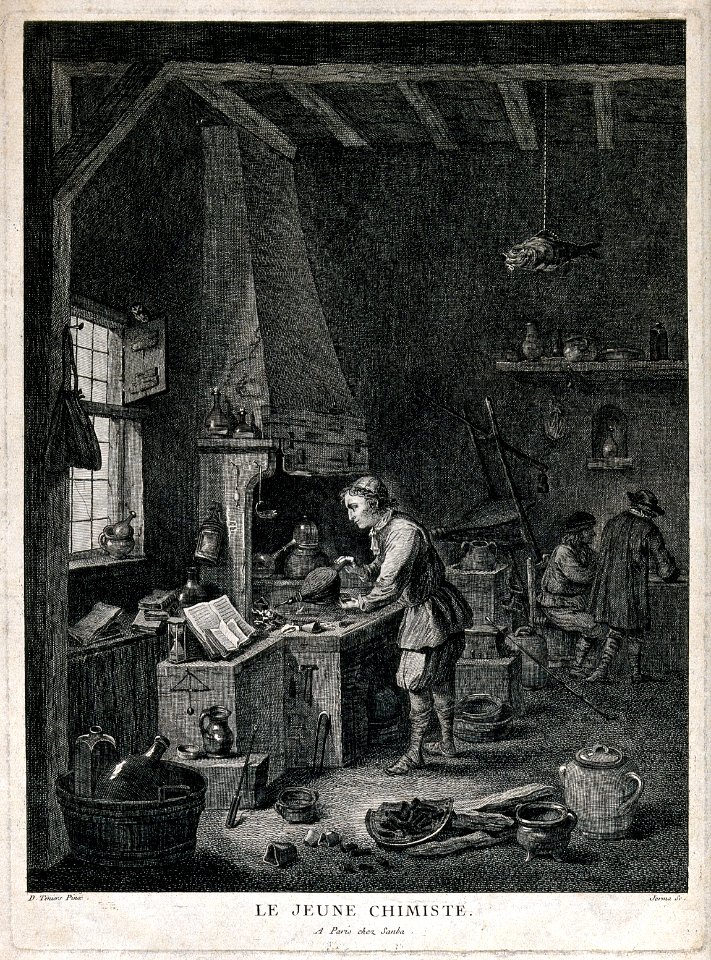 A young alchemist works a bellows at his furnace. Etching by Wellcome V0025546