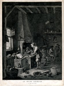 A young alchemist works a bellows at his furnace. Etching by Wellcome V0025546