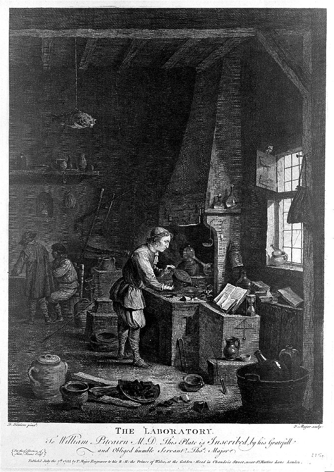 A young alchemist works a bellows at his furnace. Etching by Wellcome L0007778
