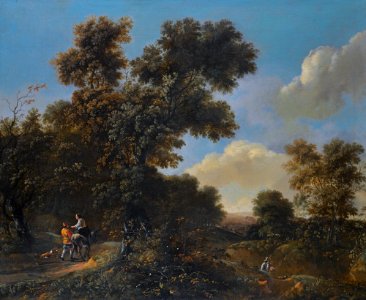 A wooded landscape with travellers on a sandy path, by Adriaen Hendricksz Verboom