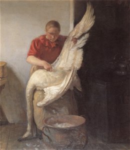 A Young Girl Plucking a Swan (Anna Ancher). Free illustration for personal and commercial use.