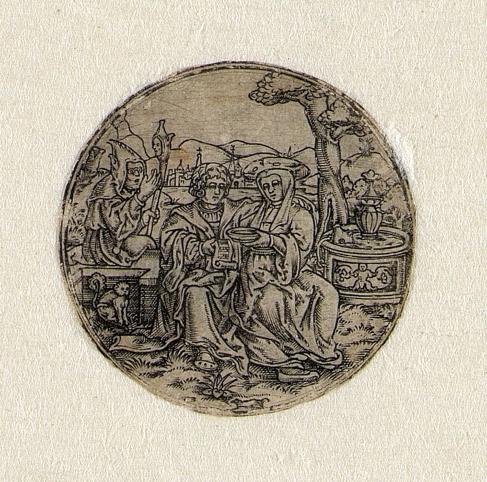 A Young Couple Seated near a Fountain, to the Left a Fool ca.1519 print by Master S., S.V 95532, Prints Department, Royal Library of Belgium