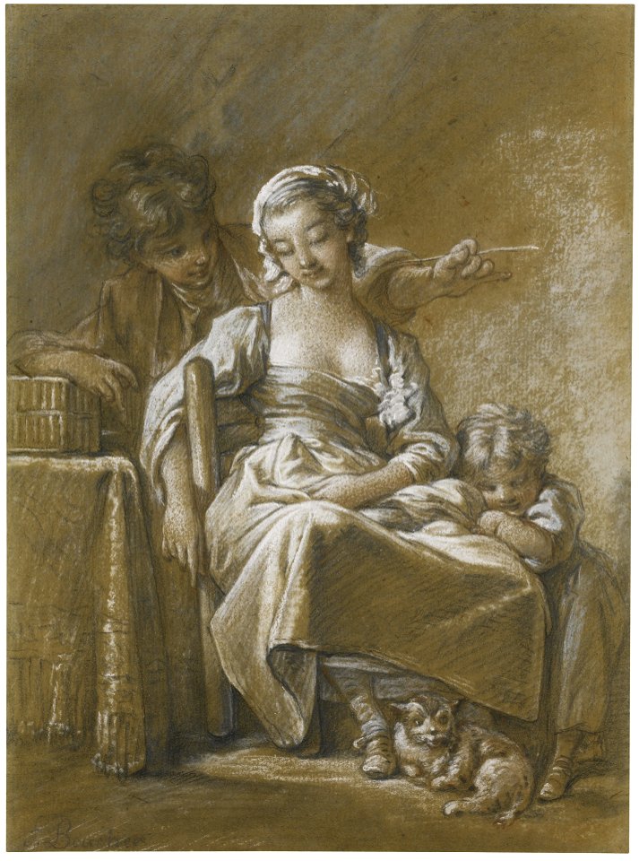 A YOUNG WOMAN ASLEEP IN A CHAIR ACCOMPANIED BY A SMALL CHILD AND A CAT, BEING TICKLED FROM BEHIND BY A YOUNG MAN WITH A STRAW