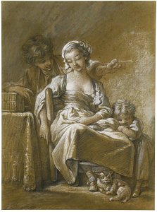 A YOUNG WOMAN ASLEEP IN A CHAIR ACCOMPANIED BY A SMALL CHILD AND A CAT, BEING TICKLED FROM BEHIND BY A YOUNG MAN WITH A STRAW