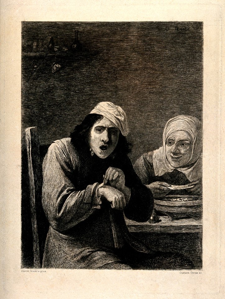 A young man removing a bandage from his hand, while an old w Wellcome V0015116