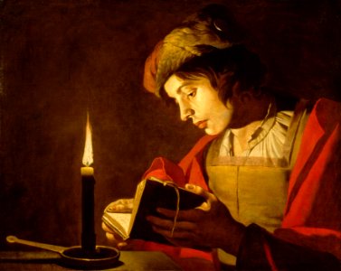 A Young Man Reading by Candlelight (Matthias Stom) - Nationalmuseum - 23887. Free illustration for personal and commercial use.