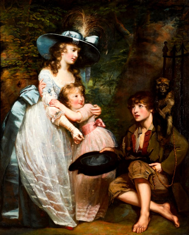 A YOUNG WOMAN AND GIRL OFFERING CHARITY TO A KNEELING BEGGAR BOY WITH A MONKEY ON HIS SHOULDER