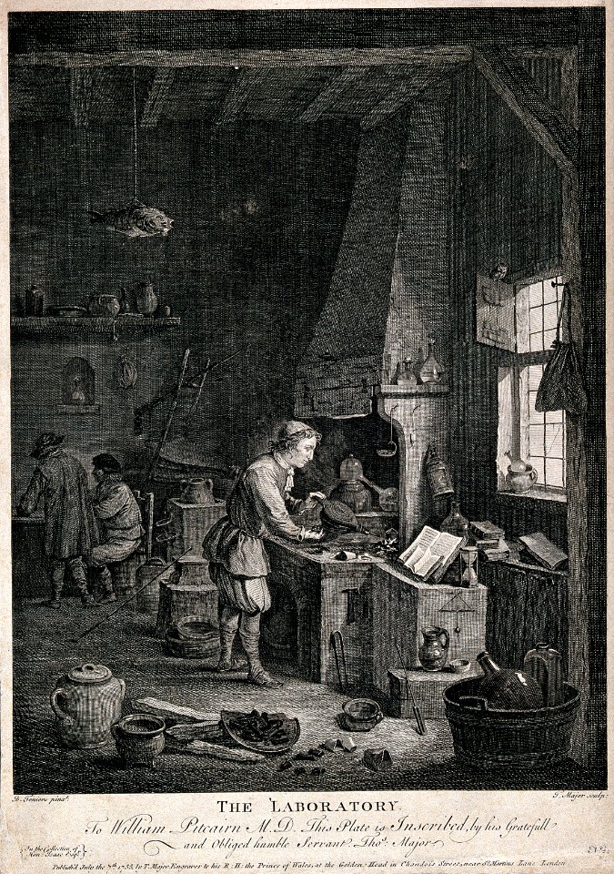 A young alchemist works a bellows at his furnace. Etching by Wellcome ...