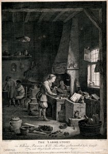 A young alchemist works a bellows at his furnace. Etching by Wellcome V0025545