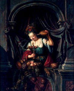 A young woman in a window serves wine, by Matthijs Naiveu