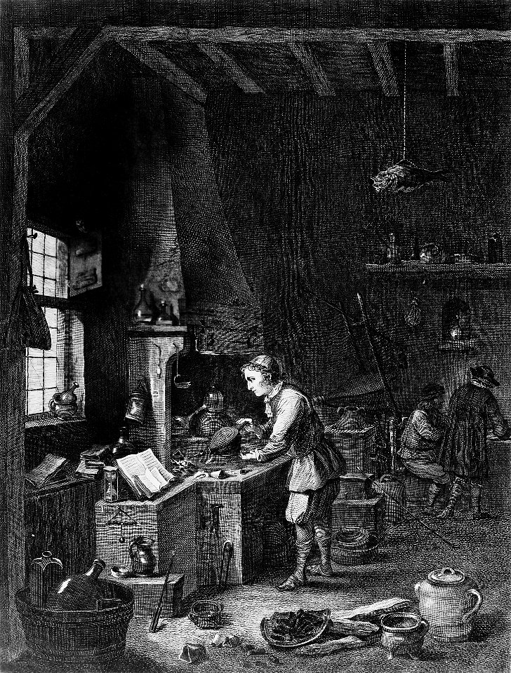 A young alchemist works a bellows at his furnace. Etching by Wellcome M0006966