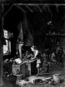 A young alchemist works a bellows at his furnace. Etching by Wellcome M0006966