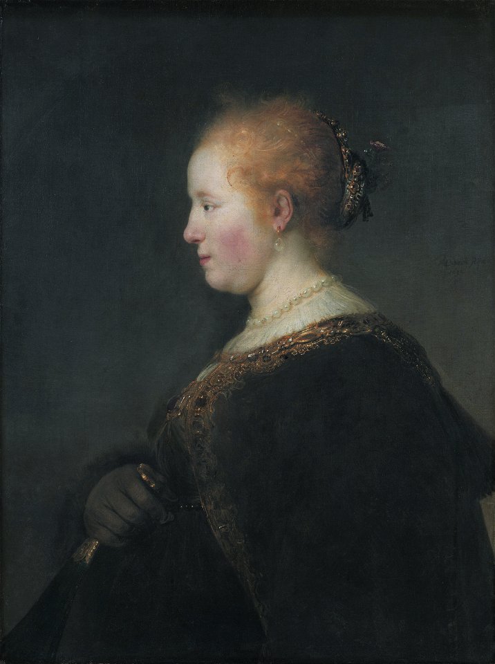 A Young Woman in Profile, with a Fan, by Rembrandt