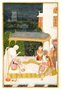 A young woman on a canopied bed outdoors on a stormy night, has her feet massaged (6124520491)