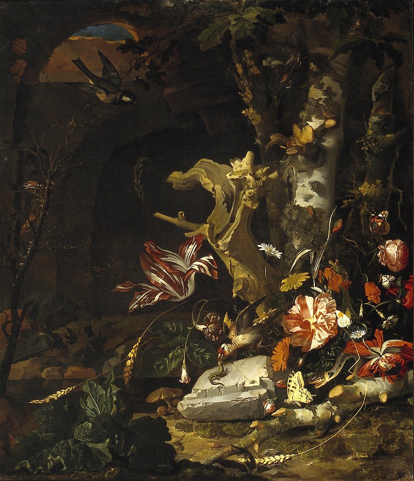 A. Mignon - Stilleven met bloemen en dieren bij een boom - 12346 - Noordbrabants Museum