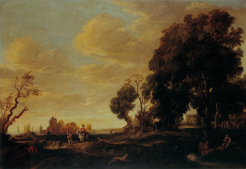 A. van der Neer - Een zandweg met valkenier en een kasteel in de verte - NK1746 - Cultural Heritage Agency of the Netherlands Art Collection