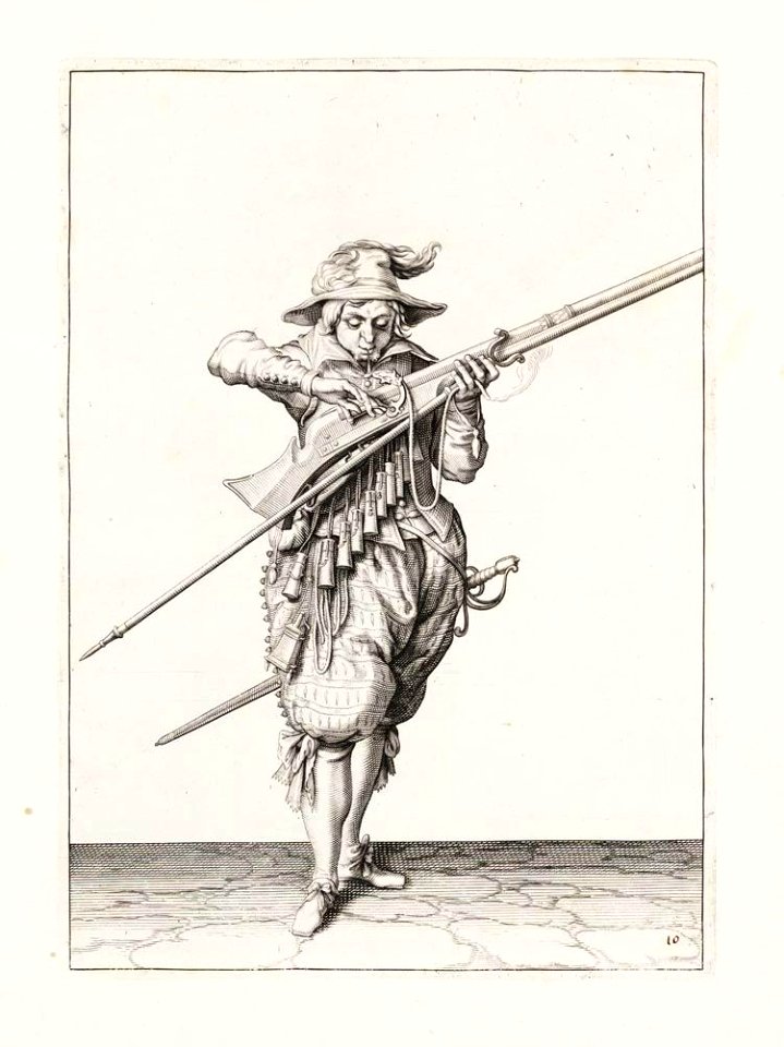 Aanwijzing 10 voor het hanteren van het musket - V lont afblaest, en u pan opent (Jacob de Gheyn, 1607)