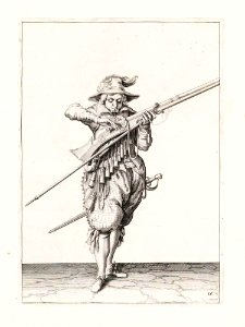 Aanwijzing 10 voor het hanteren van het musket - V lont afblaest, en u pan opent (Jacob de Gheyn, 1607). Free illustration for personal and commercial use.