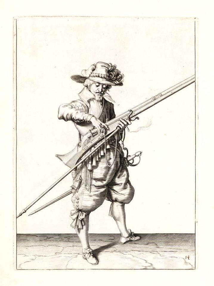 Aanwijzing 14 voor het hanteren van het musket - V lont afneemt (Jacob de Gheyn, 1607). Free illustration for personal and commercial use.