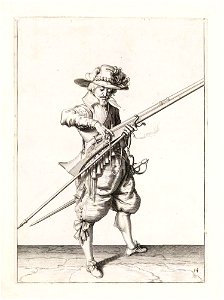 Aanwijzing 14 voor het hanteren van het musket - V lont afneemt (Jacob de Gheyn, 1607)