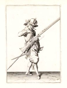 Aanwijzing 7 voor het hanteren van het musket - V lont afblaest, ende vvel hout (Jacob de Gheyn, 1607)