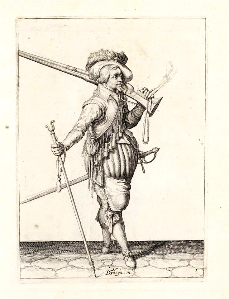 Aanwijzing 1 voor het hanteren van het musket - Marcheert met de furquet inde hant (Jacob de Gheyn, 1607)