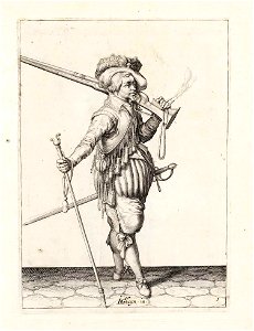 Aanwijzing 1 voor het hanteren van het musket - Marcheert met de furquet inde hant (Jacob de Gheyn, 1607). Free illustration for personal and commercial use.