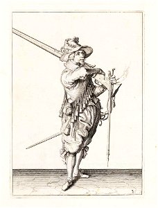 Aanwijzing 3 voor het hanteren van het musket - V furquet sincken laet, en van u schouder u Musquet neemt (Jacob de Gheyn, 1607)