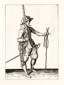 Aanwijzing 4 voor het hanteren van het musket - Mette rechter hant u Musquet om hooch hout, ende in de lincker hant sincken laet (Jacob de Gheyn, 1607)