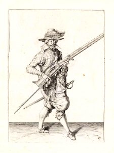 Aanwijzing 13 voor het hanteren van het musket - V Musquet afneemt ende neffens u furquet draecht (Jacob de Gheyn, 1607)