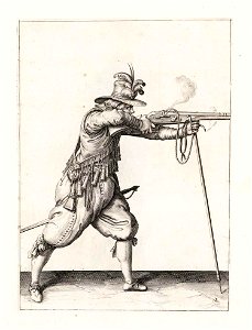 Aanwijzing 12 voor het hanteren van het musket - Schiet (Jacob de Gheyn, 1607)