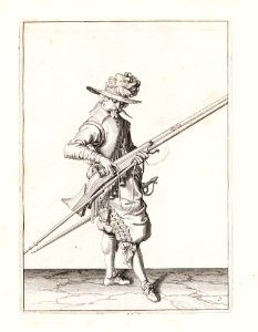 Aanwijzing 9 voor het hanteren van het musket - V lont versoeckt (Jacob de Gheyn, 1607). Free illustration for personal and commercial use.