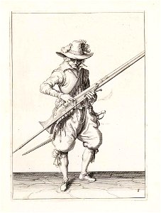 Aanwijzing 8 voor het hanteren van het musket - V lont opdruckt (Jacob de Gheyn, 1607)