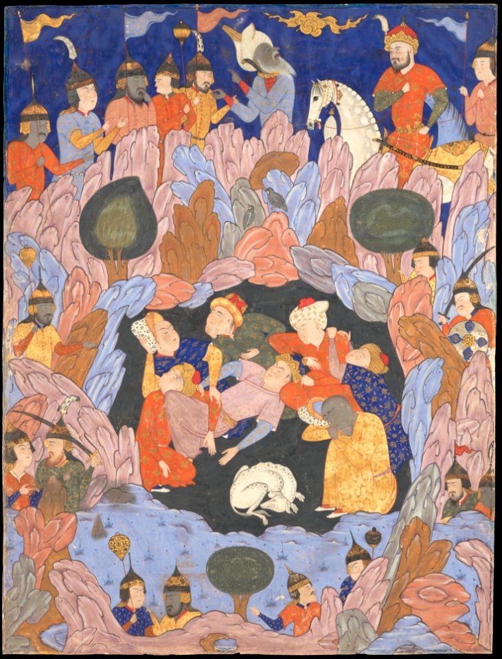 Abd al-Aziz and Aqa Mirek (attr.),The Seven Sleepers of Ephesus Discovered by Alexander the Great, Folio from a Falnama (Book of Omens) 1550s Qazvin, Metmuseum