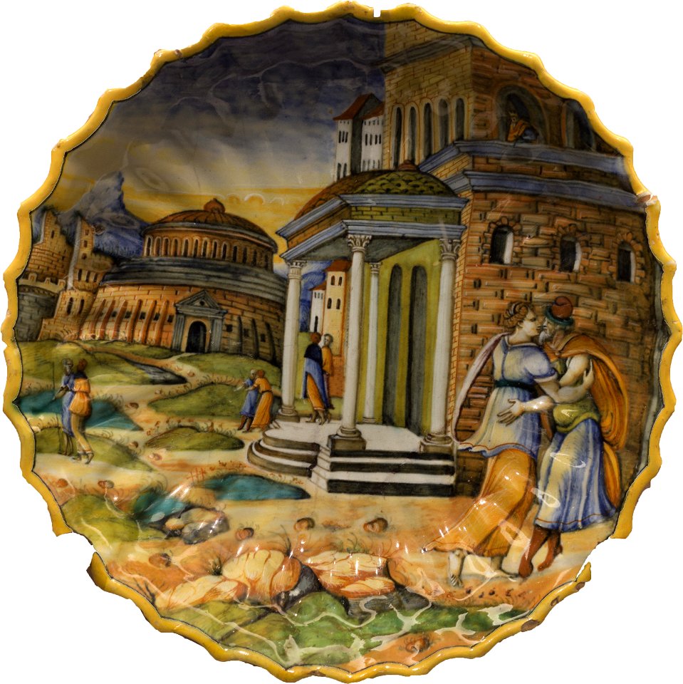 Abimélech épiant Isaac et Rébecca - Coupe godronnée à bord dentelé (majolique, Urbino ou Lyon) - détouré