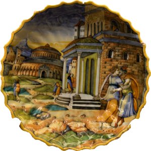 Abimélech épiant Isaac et Rébecca - Coupe godronnée à bord dentelé (majolique, Urbino ou Lyon) - détouré