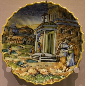Abimélech épiant Isaac et Rébecca - Coupe godronnée à bord dentelé (majolique, Urbino ou Lyon)
