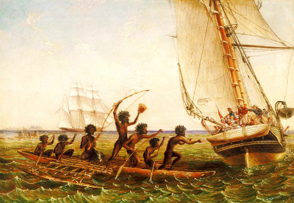 Aboriginal Canoes Communicating with the 'Monarch' and the 'Tom Tough', 28 August 1855 RMG BHC1191