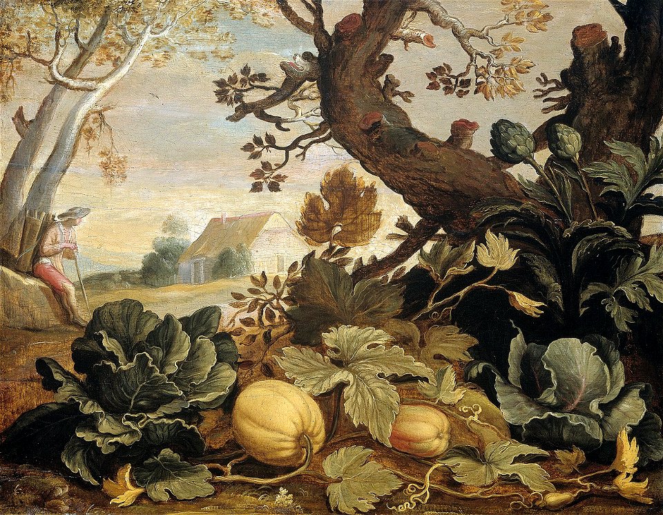 Abraham Bloemaert - Landschap met groenten en vruchten op de voorgrond