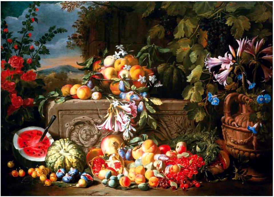 Abraham Brueghel - A still life of a watermelon, cherries, peaches, apricots, plums, pomegranates and figs, with lilies, roses, morning glory and other flowers on an acanthus stone relief