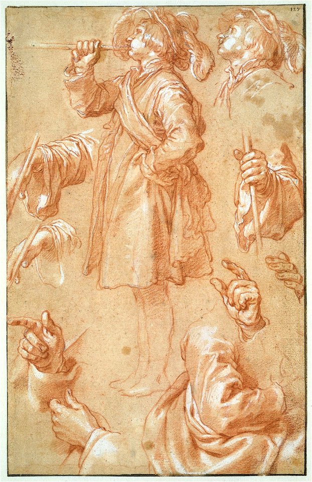 Abraham Bloemaert - Studieblad met staande trompetter, handen en armen