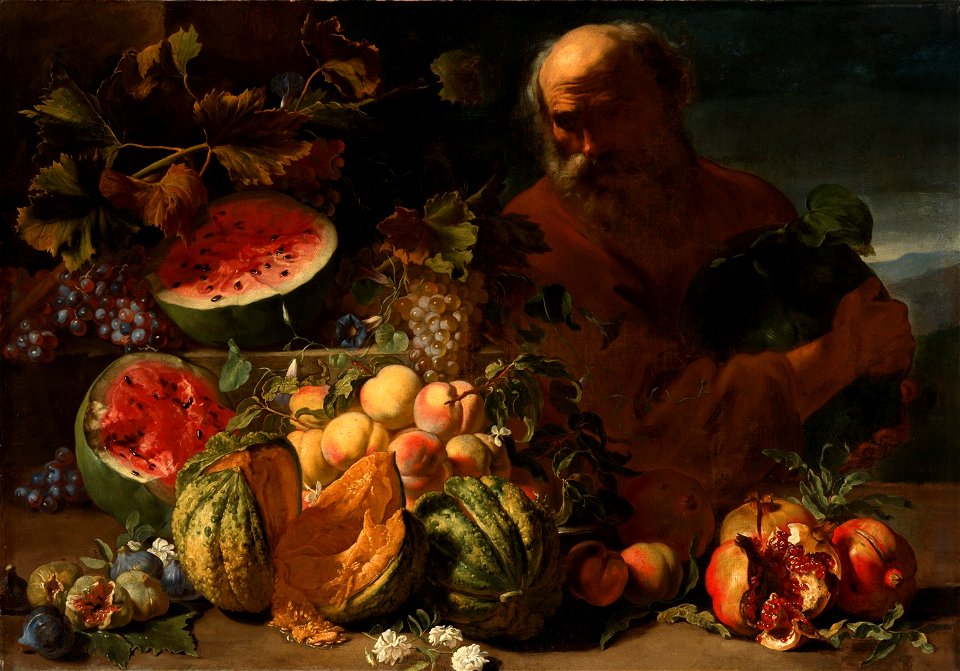 Abraham Brueghel - Still life of fruit with a man