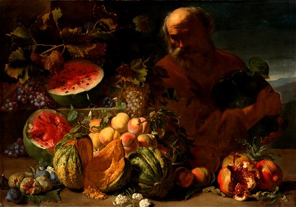 Abraham Brueghel - Still life of fruit with a man. Free illustration for personal and commercial use.